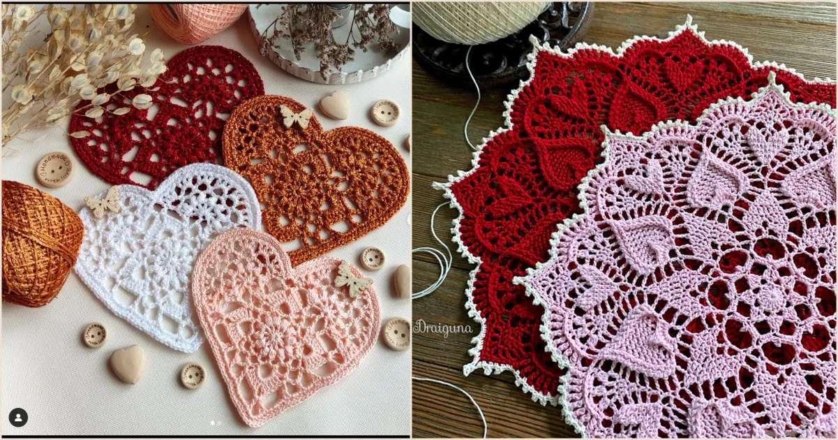 Two images showcasing intricately crocheted doilies in heart shapes and round designs with vibrant colors like red, pink, white, and brown. Included are crochet threads, buttons, and a delightful 5-crochet-heart motif adding charm to the collection.