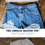 Crocheted halter top paired with distressed denim shorts on a wooden surface. Text reads: 