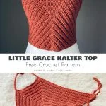 An orange crochet halter top is displayed on a mannequin and paired with ripped jeans and accessories, inspired by a free crochet crop top pattern.