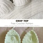 Three delightful crochet crop tops in brown, white, and green. The white and brown tops are featured above, while the green one with charming lace-up detail is below. Explore our free crochet crop top pattern to create your own stylish pieces today.