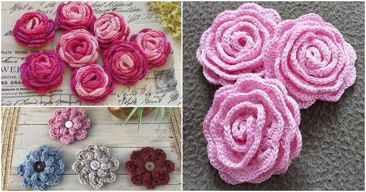 Crocheted flower appliques in various shades and designs, including pink roses and button-centered blooms, are displayed against different backgrounds.