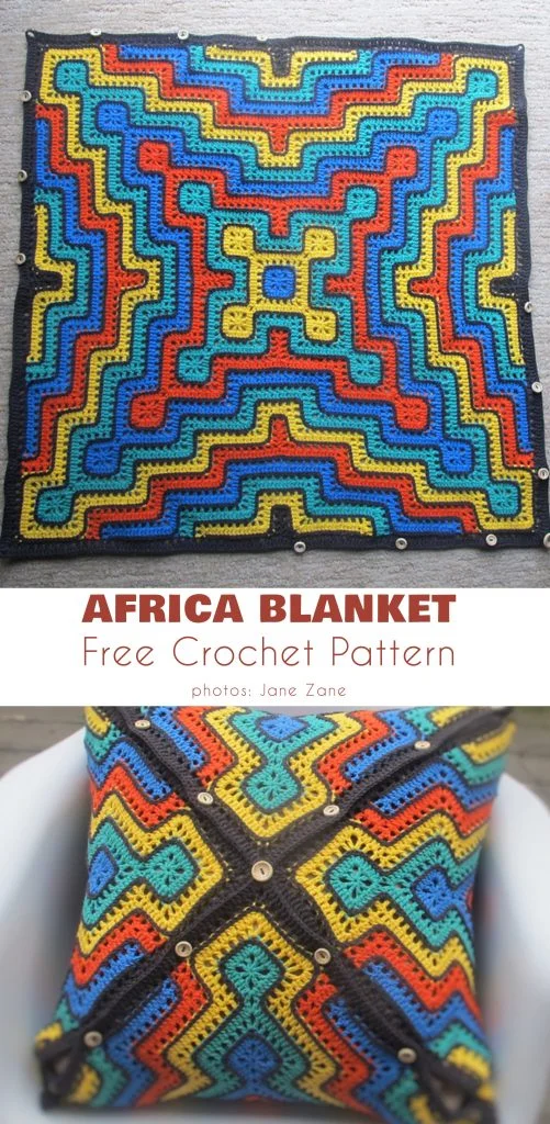 A vibrant geometric blanket, this colorful crochet creation features bold patterns in blue, yellow, green, red, and black. Displayed flat and draped over a pillow with the text โAfrica Blanket Free Crochet Pattern,โ it showcases striking geometric designs perfect for adding style to any space.