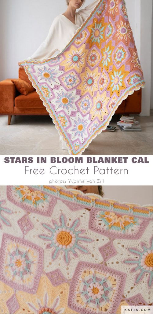 Stars in Bloom crochet blanket with star and floral motifs