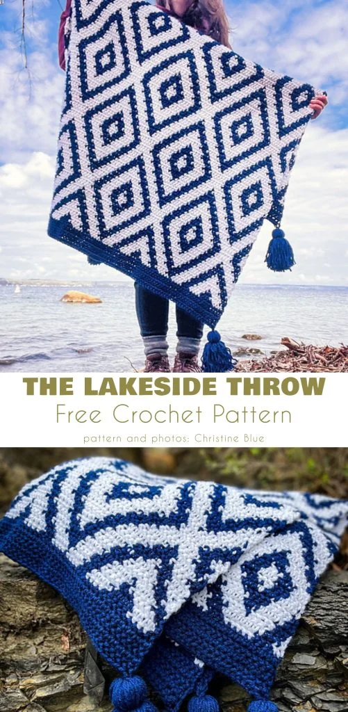 Blue and white geometric Lakeside crochet throw with tassels