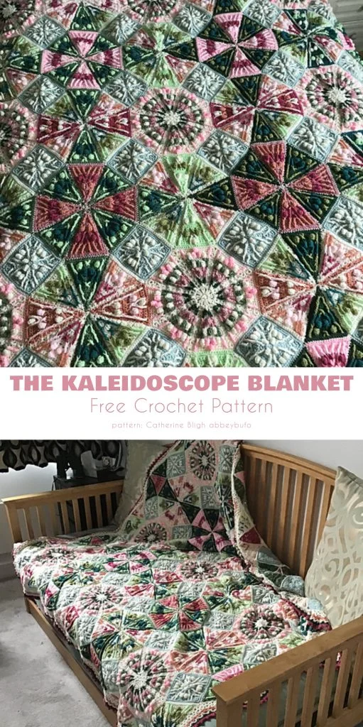 Kaleidoscope crochet blanket in pink and green with geometric starburst motifs