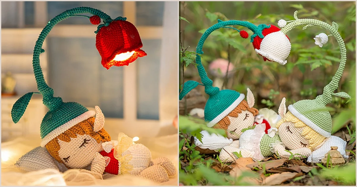 Two images of crocheted elf dolls with flower hats, asleep under a glowing crochet flower lamp. This enchanting lighting project features one indoor scene and another nestled outdoors among plants.