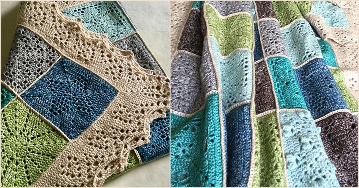 A nature-inspired knitted blanket featuring square patches in shades of blue, green, gray, beige, and brown.