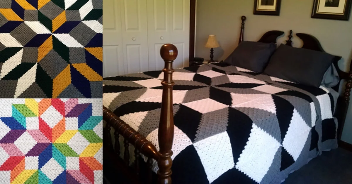 A bedroom features a bed with a geometric blanket in black, white, and gray. Insets display colorful quilt patterns with similar geometric designs. Lamps and framed art adorn the space.