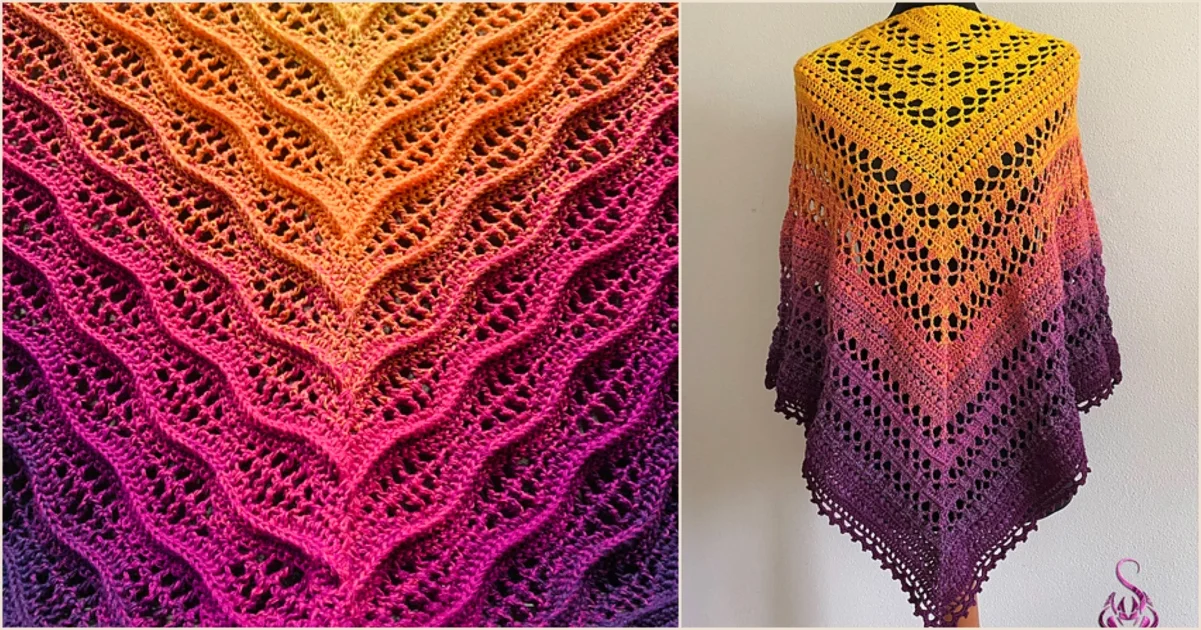 A colorful sunset shawl with a gradient pattern ranging from purple to yellow is displayed on a mannequin. A close-up reveals the exquisite wave-like stitching.