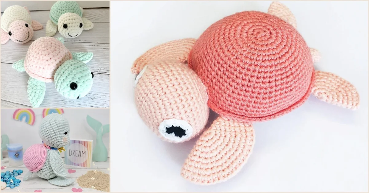 Crocheted turtle toys in pastel colors, with a fantastic large pink sea turtle on the right and three smaller turtles of various colors on the left.