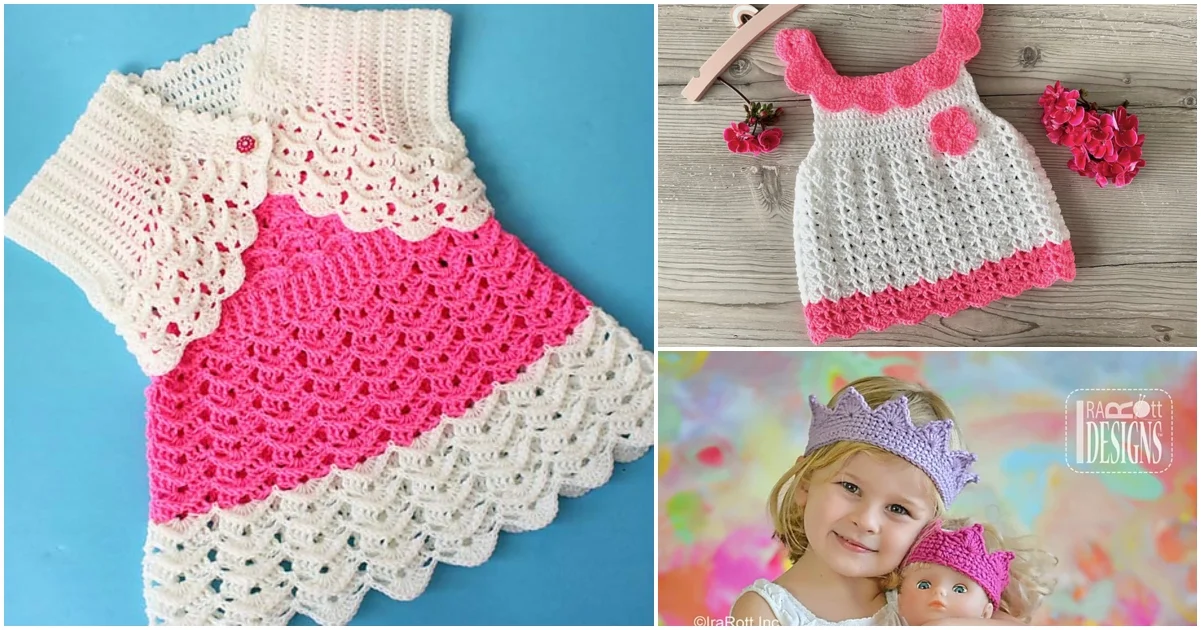 A crochet pink and white baby princess dress, a similar dress adorned with a pink flower and bow, and a child with a crocheted crown and necklace standing in a garden.