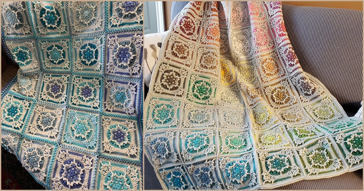 Two intricate crocheted blankets draped over a chair, one with blue tones that capture shades of winter and the other in a vibrant rainbow gradient.