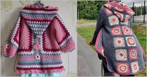 Two women's hoodie cardigans: one pink and gray with stripes, the other blue with granny square patterns. Both feature tassels and scalloped edges, blending style with cozy charm.