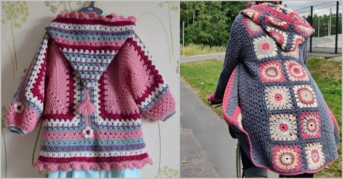 Two women's hoodie cardigans: one pink and gray with stripes, the other blue with granny square patterns. Both feature tassels and scalloped edges, blending style with cozy charm.