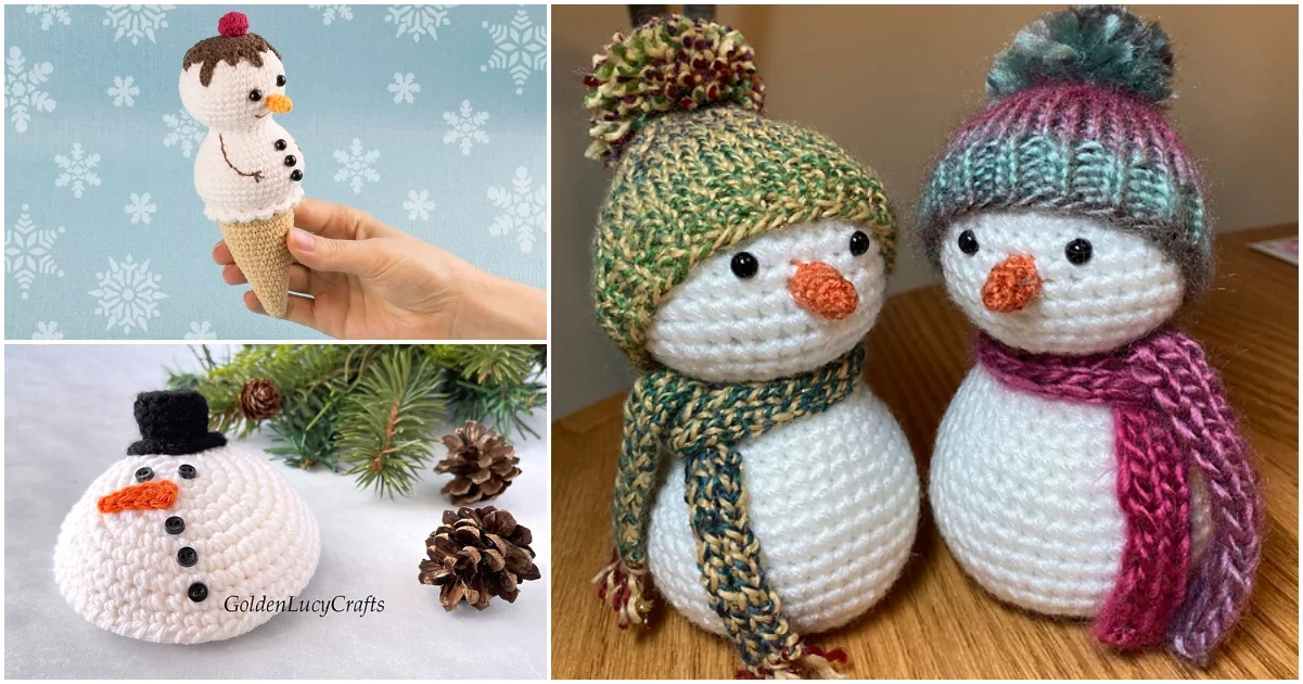 Crocheted snowman amigurumi figures: one in an ice cream cone, one flat ornament, and two standing snowmen donning festive hats and scarves.