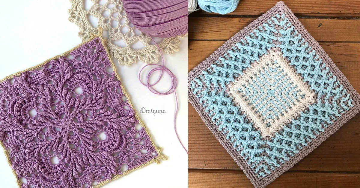 Two amazing crochet squares with intricate designs: one in purple featuring lace patterns and another in blue showcasing a textured geometric motif, both resting elegantly on a wooden surface.