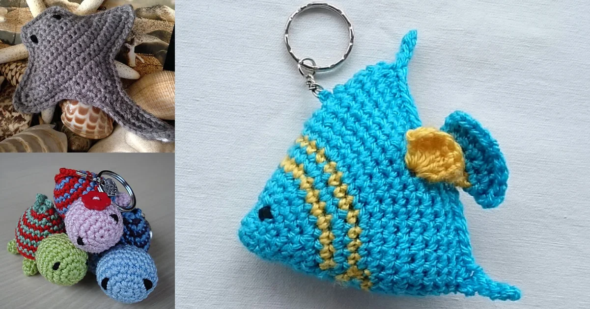 Crocheted sea creature keychains featuring a blue fish, a gray stingray, and a group of colorful fish displayed with seashells.