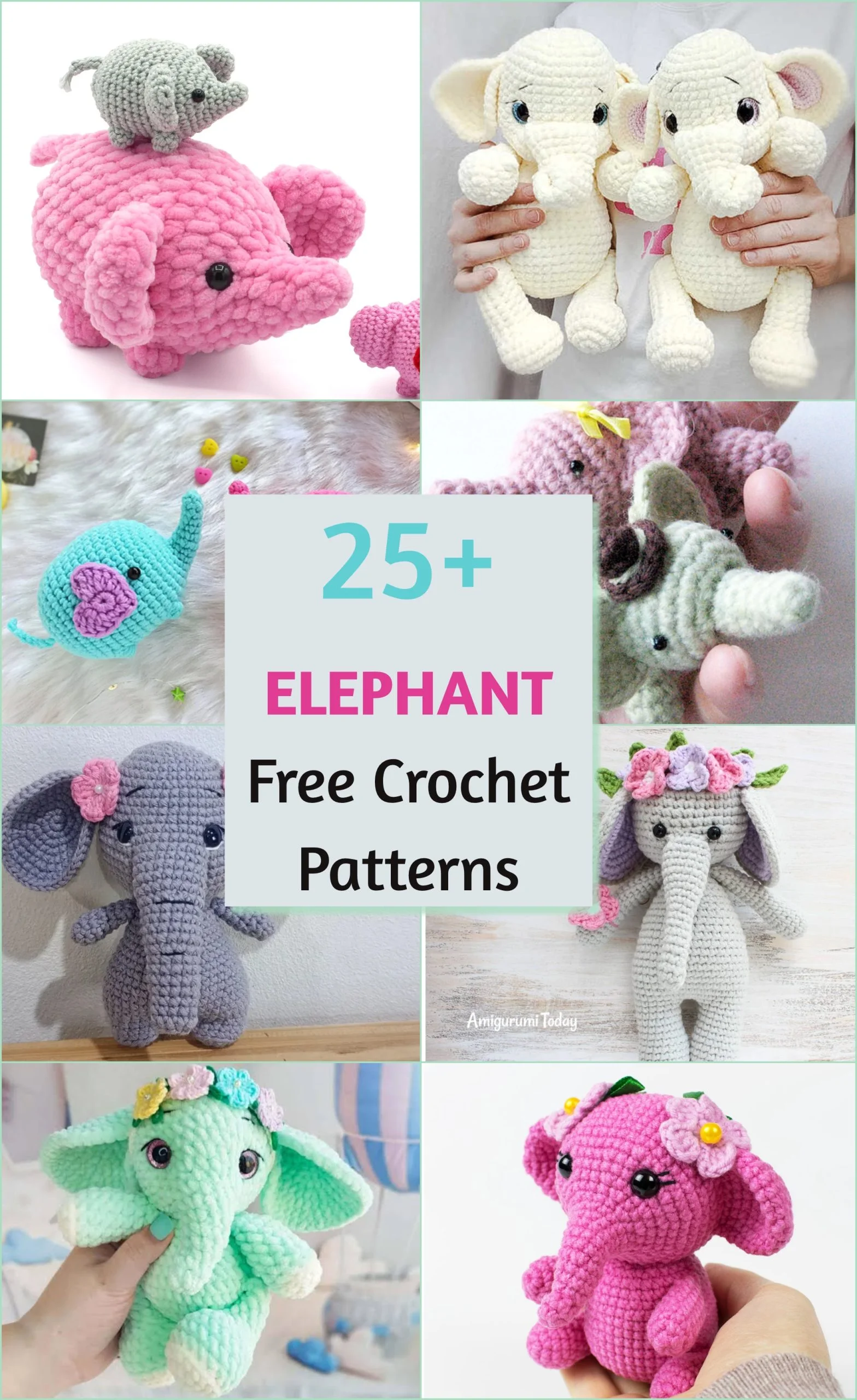 Collage of various handmade crochet elephant patterns with text overlay reading “25+ ELEPHANT Free Crochet Patterns.”