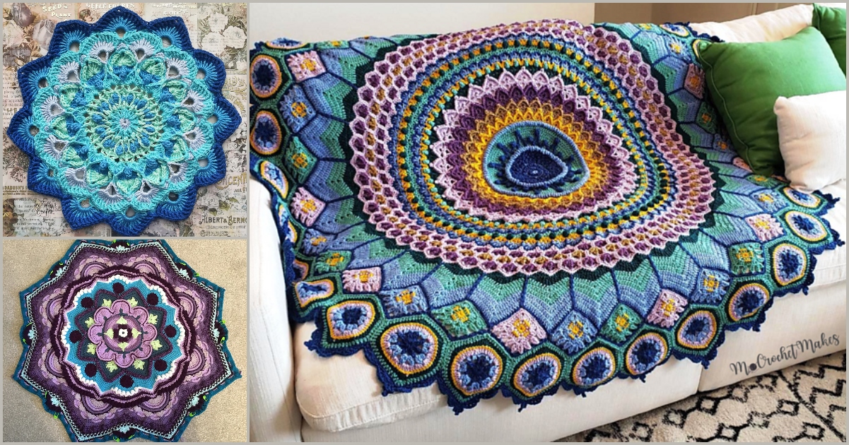 A crocheted afghan in exquisite peacock hues showcases intricate mandala designs, elegantly draped over a white couch. It is accompanied by two smaller mandala crochet pieces, enhancing the vibrant allure.