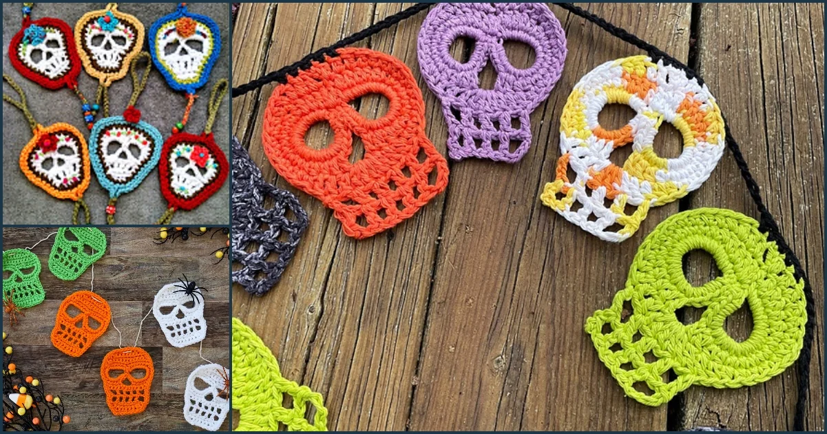 Crocheted Halloween skull decorations in various colors are displayed on a wooden surface.