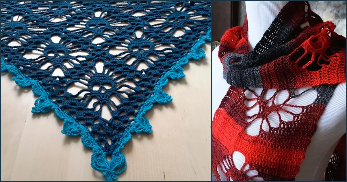 Displayed on a mannequin and a wooden surface, the crocheted skull shawl motif shines in striking hues of blue and black-red.