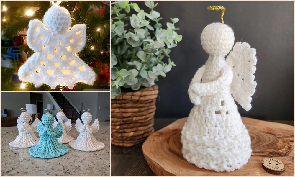 Crocheted angels beautifully add charm to any space: one graces a Christmas tree as an elegant ornament, a group of four adorns a tabletop, and another stands gracefully beside a potted plant.