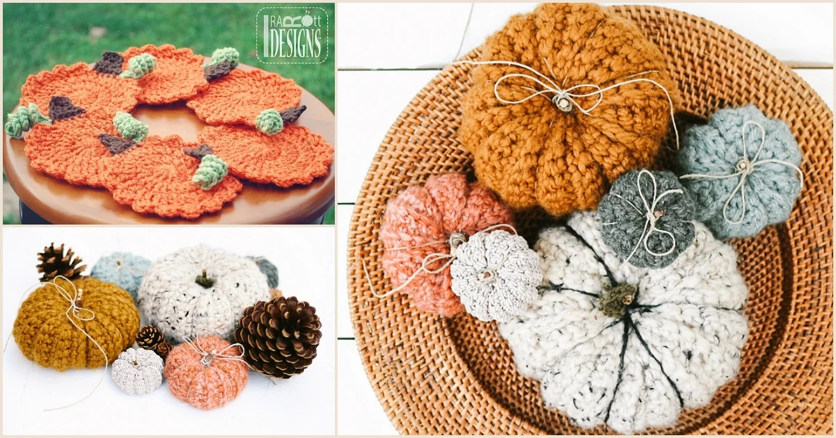 Various crochet pumpkins and acorns are artfully displayed on a wicker tray and a wooden surface, accompanied by rustic pine cones.