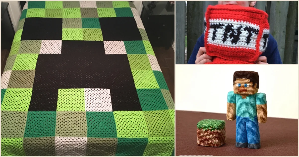 A crocheted bedspread with a pixelated design, a crocheted TNT block, and a crocheted figure with a small box are beautifully crafted in this Minecraft crochet set, inspired by the beloved video game theme.