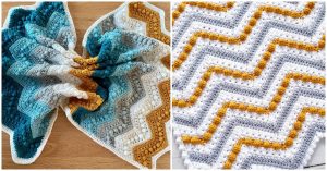 Two crocheted blankets with zigzag patterns provide charming baby blanket ideas. The left blanket showcases teal, mustard, and white, while the right one highlights gray, mustard, and white. Both feature textured designs perfect for adding a cozy touch to a nursery.