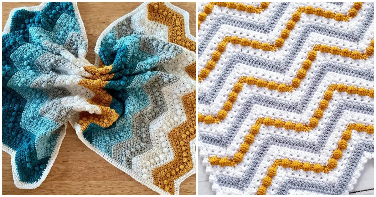 Two crocheted blankets with zigzag patterns provide charming baby blanket ideas. The left blanket showcases teal, mustard, and white, while the right one highlights gray, mustard, and white. Both feature textured designs perfect for adding a cozy touch to a nursery.