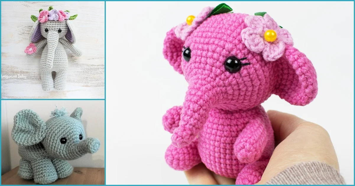 Two crocheted elephants, one gray adorned with flowers and the other in pink, grace a split-image layout. Explore our collection to find a free crochet elephant pattern that captures their charm.