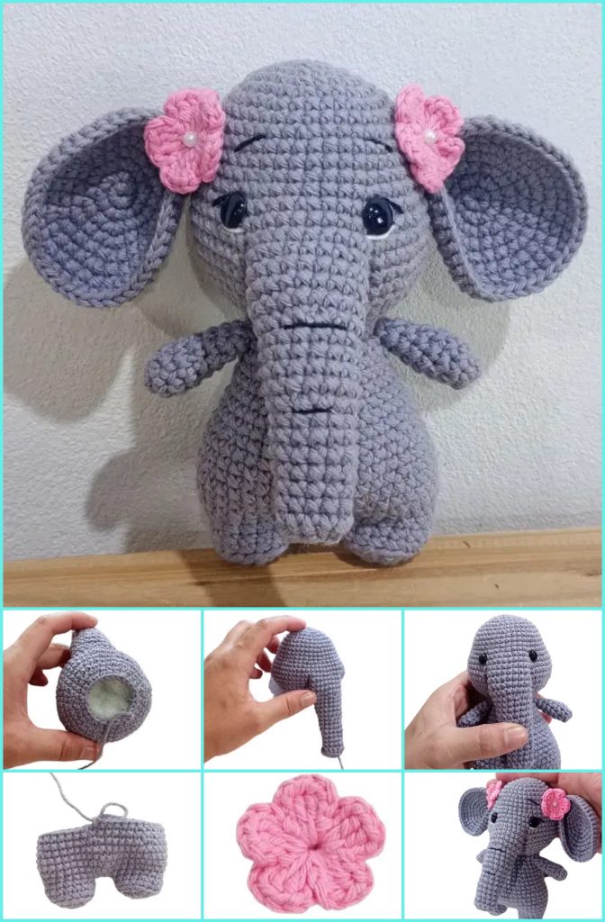 A finished crochet elephant stuffed animal next to a photo collage demonstrating the process of assembling the head, body, and pink flowers for this crochet elephant pattern.