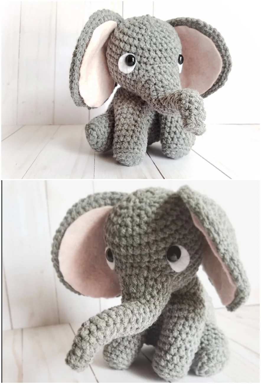 Crocheted gray elephant stuffed animal with large pink-lined ears, crafted from a crochet elephant pattern.