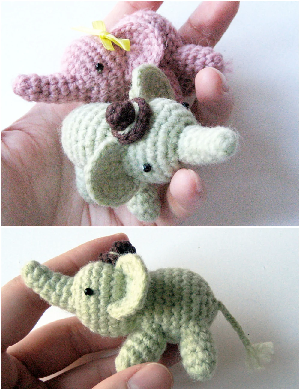 Two small elephants created from a crochet elephant pattern, one pink with a yellow bow and one green with a brown hat, held in a hand.