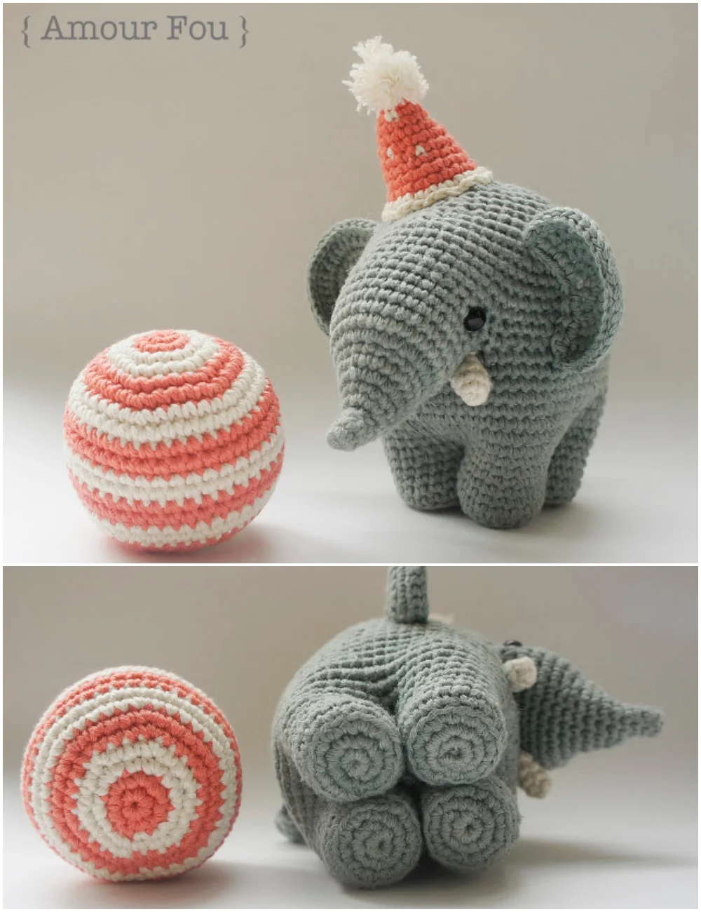 Two photos of a crocheted gray elephant toy wearing a party hat, standing next to a striped, spherical crochet toy, captured in this elephant crochet pattern.
