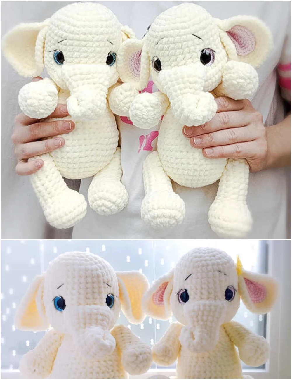 Two cream-colored crochet elephant plushies with large ears and embroidered eyes, perfect for a free crochet elephant pattern project.