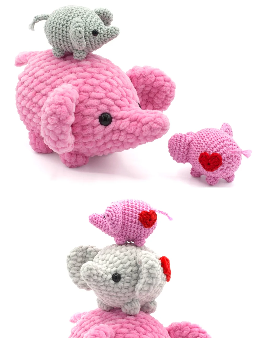 A large pink elephant with a small grey one on its back, and a small pink one on a larger grey elephant, all featuring red heart accents in this crochet elephant pattern.