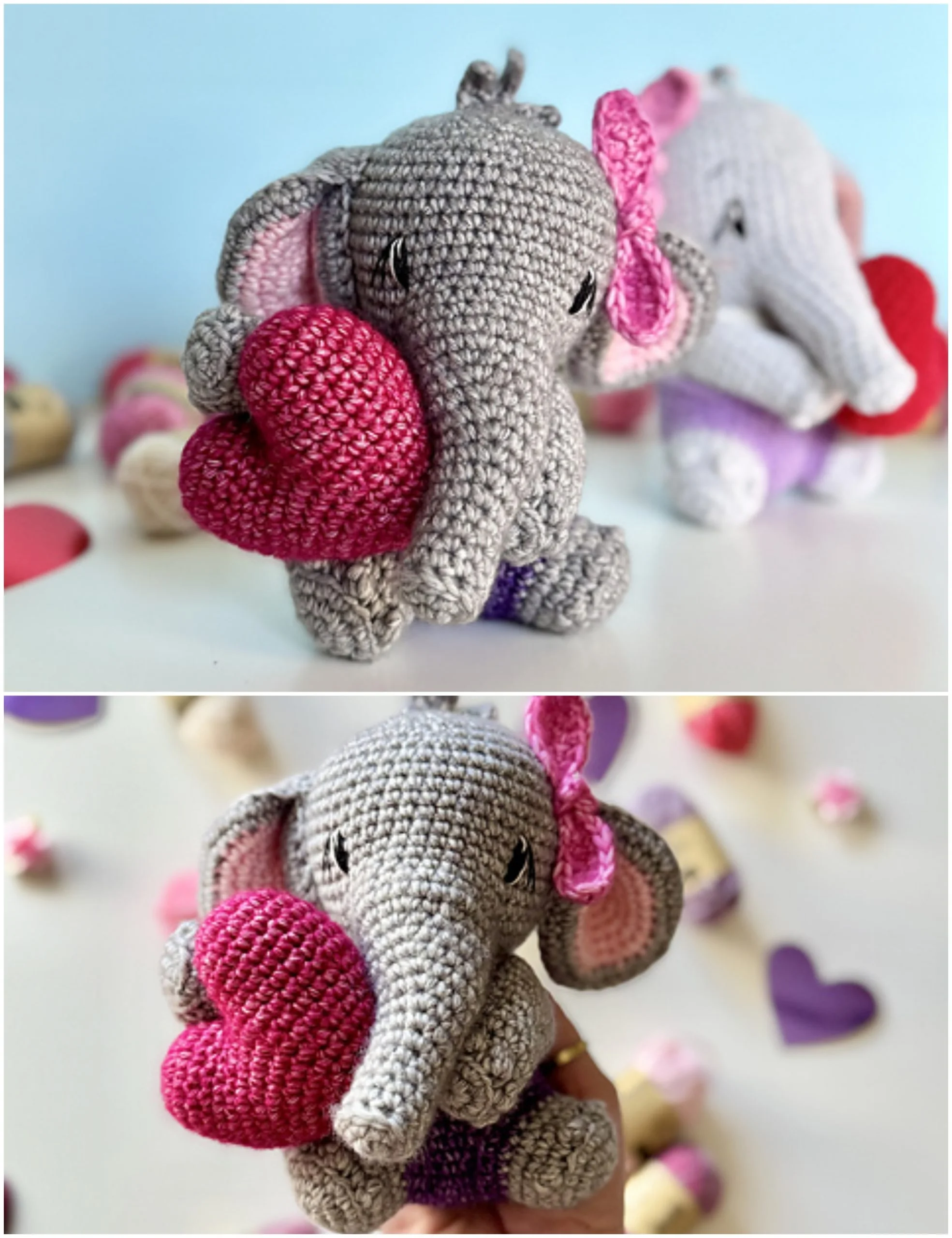 Two gray crochet elephants with pink bows holding red hearts, created using a crochet elephant pattern.