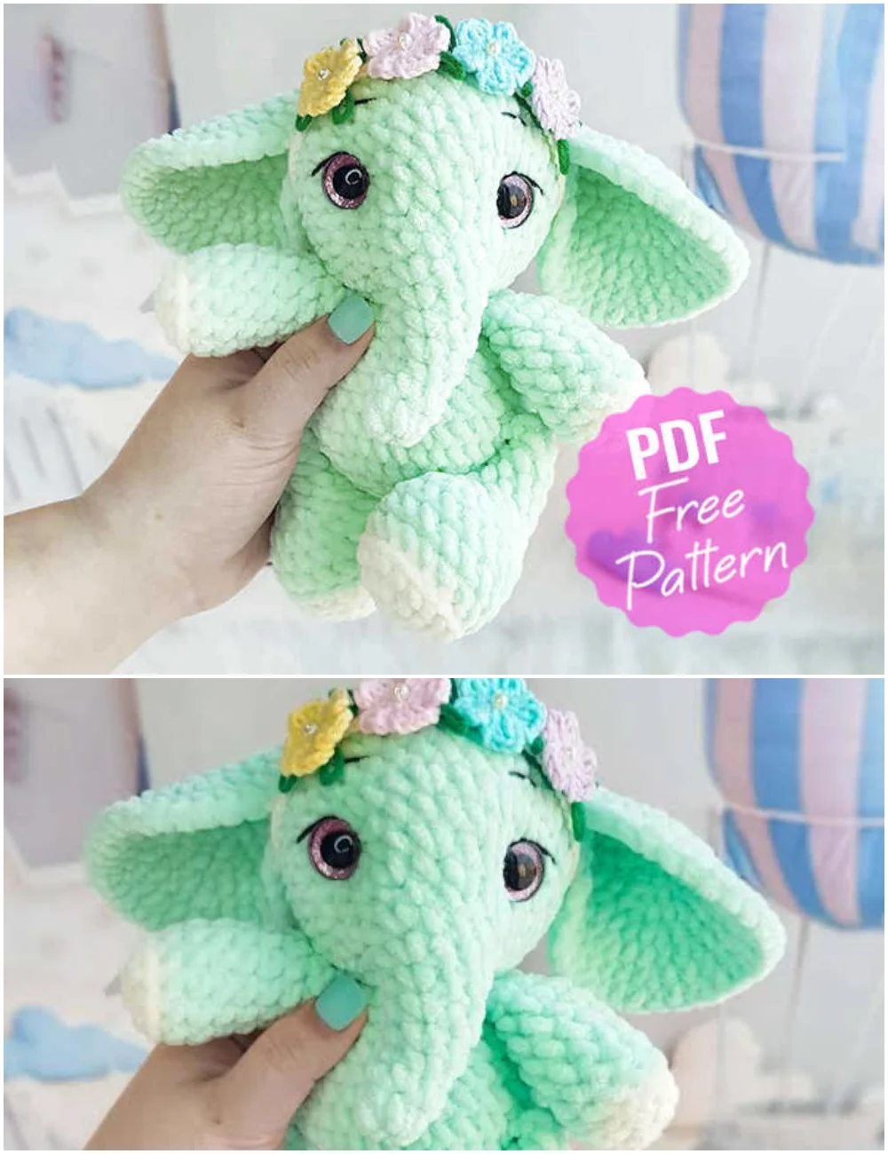 A hand-crocheted light green elephant plush with a flower crown, accompanied by a pink circular tag for a free crochet elephant pattern.