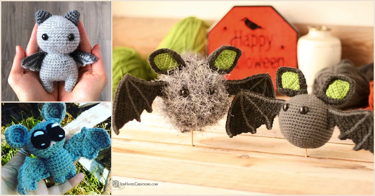 Four amigurumi bats in various colors and textures are displayed. The background includes yarn and a "Happy Halloween" sign, adding a festive touch to the charming crochet scene.