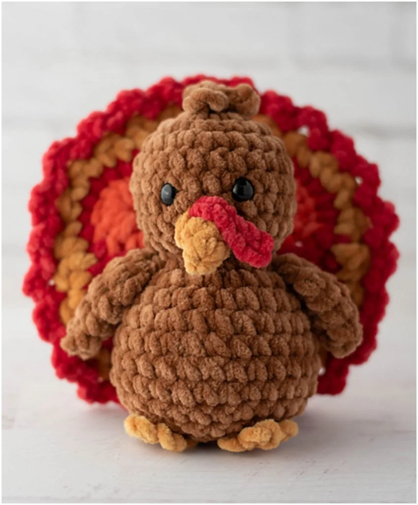 A plush amigurumi turkey with a brown body, yellow beak, and red and yellow tail feathers sits on a white surface.