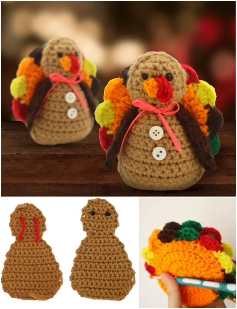 Crocheted amigurumi turkey figures on a table, with crochet pattern pieces below and one being stuffed by hand. The turkeys have colorful tails, button fronts, and ribbon bows.