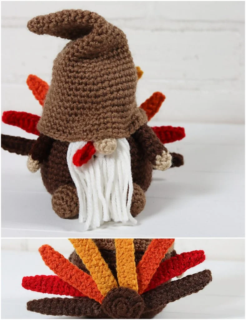 Crocheted amigurumi turkey figure resembling a gnome with a long white beard, brown hat, and vibrant tail feathers, shown from the back and top angles.