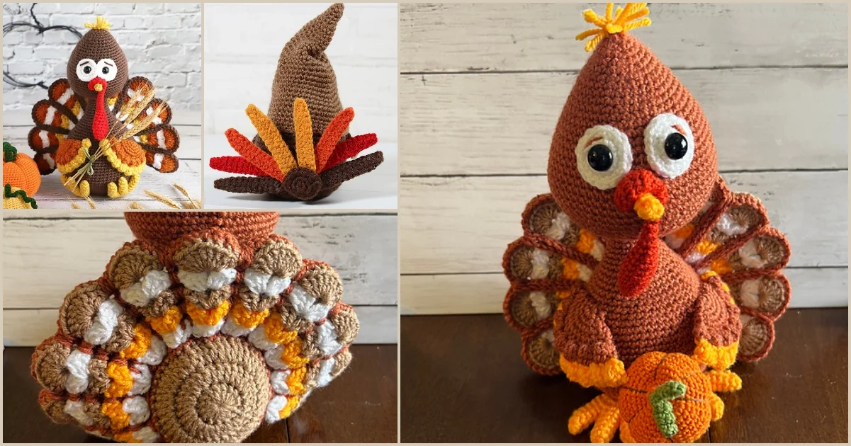 Amigurumi turkey figure with colorful crocheted feathers, a small pumpkin, and a whimsical witch hat accessory gracing a rustic wooden surface.