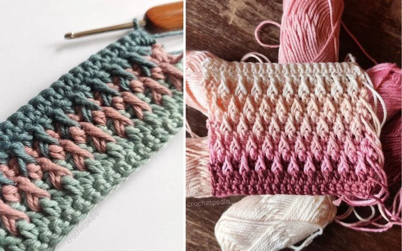 Two panels of crochet work: the left shows blue and pink interwoven stitches; the right beautifully demonstrates how to crochet an alpine stitch, with a gradient from cream to dark pink and yarn balls nearby.