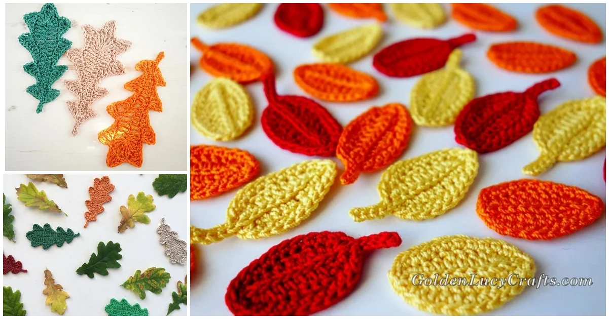 Crocheted fall leaves in various colors, including green, orange, yellow, and red, are arranged in different patterns on a white background.