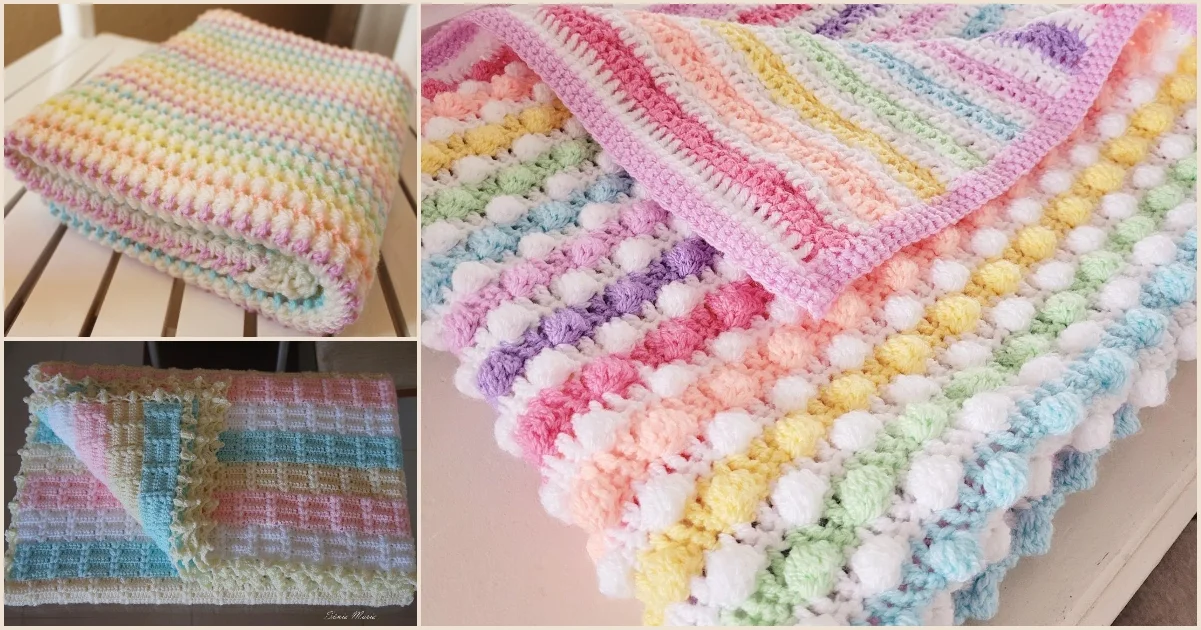 Three crocheted blankets in pastel colors, including a charming rainbow baby blanket. One corner shows a folded grid design, while the main image displays a striped, textured design.