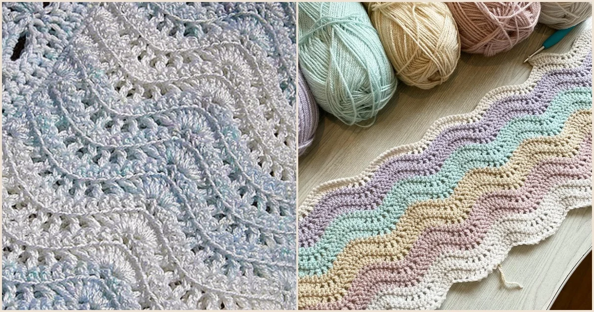 Two crochet patterns: a white feather-like wavy design on the left and a multicolored pastel ripple pattern resembling a fun blanket on the right, with skeins of yarn and a crochet hook nearby.