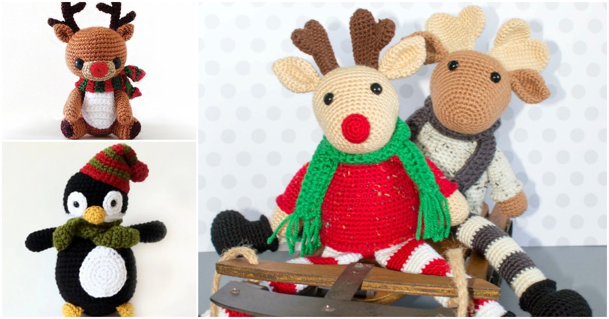 Christmas amigurumi crocheted holiday toys: a reindeer with scarf, penguin with hat, and two reindeer on a sled, against a polka dot background.