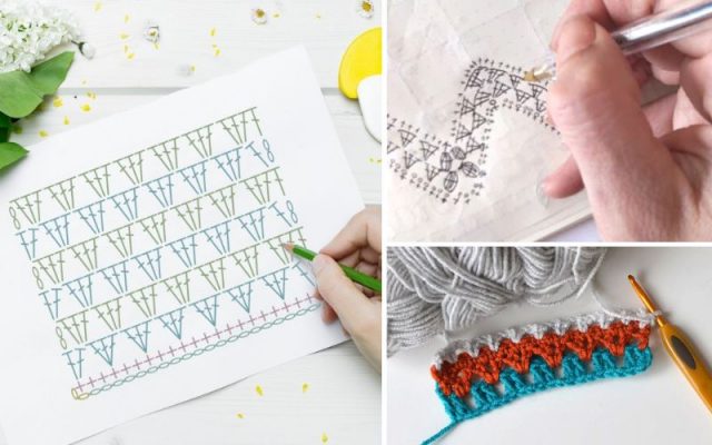 A person is sketching crochet diagrams on graph paper. Two inset images display yarn, a crochet hook, and a partially crocheted piece in blue and orange.